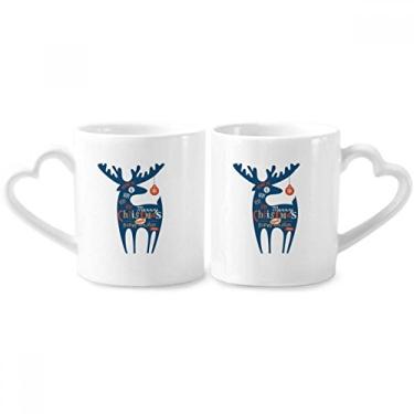 Imagem de Conjunto de canecas de porcelana para casais, cervos azuis, Natal e coração