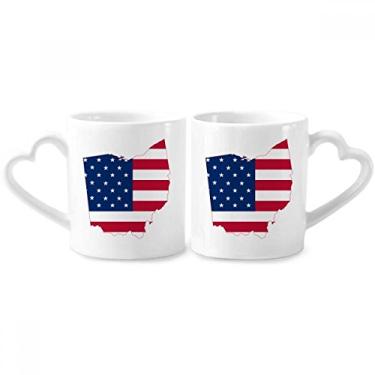 Imagem de Ohio EUA Mapa Estrelas Listras Bandeira Forma Casal Caneca Porcelana Conjunto de Cerâmica Amante Copo Coração Alça