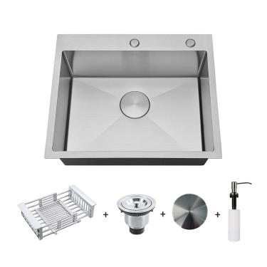 Imagem de Kit Cuba Gourmet com Acessórios Solo 55x40 e Dosador e Válvula e Escorredor e Tampa Decorativa Arell - Inox Escovado
