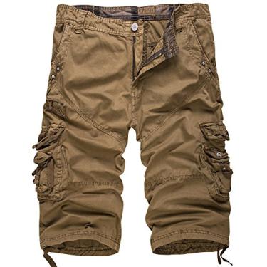 Imagem de Bermuda Shorts Cargo Masculina de Slgodão Calça Cropped Cor Dólida (sem cinto) Cáqui Cintura 34