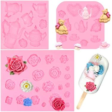 Imagem de Moldes para fondant de bolo de chá 3 peças, molde de silicone para copo de chocolate rosa para topo de cupcake, decoração de bolo, açúcar doce, pop de bolo, picolé, artesanato de argila de polímero