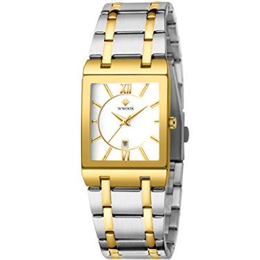 Imagem de Relógio quadrado masculino e feminino de aço inoxidável com data, à prova d'água, analógico, quartzo, moderno, casual, para negócios, 36 - prata/ouro/branco, Clássico, moderno