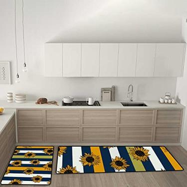 Imagem de Tapetes de cozinha vintage de girassol em listras, amarelo, branco, antiderrapante, conjunto de 2 tapetes, tapete confortável antifadiga, para sala de jantar, lavanderia, escritório
