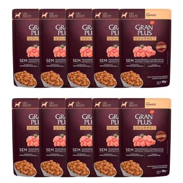 Imagem de Kit 10 Ração Úmida Gran Plus Sachê Cães Gourmet Adultos Frango - 100g