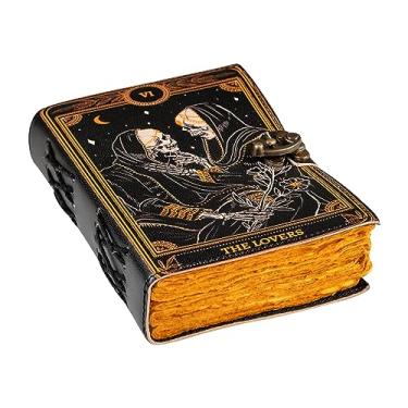 Imagem de Livro de feitiços feito à mão Hocus Pocus, livro das sombras, diário de couro, borda, papel Grimório, impresso, diário The Lovers Tarot Caderno espiral gótico, crânio, couro, antigo, cadeado C