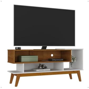 Imagem de Rack 1.36 Show Tv 40 Polegadas Decoração Sala Estar Nichos Organizadores Pés Retrô Madeira Maciça - Lojas RPM (Branco Acetinado/Cinamomo)