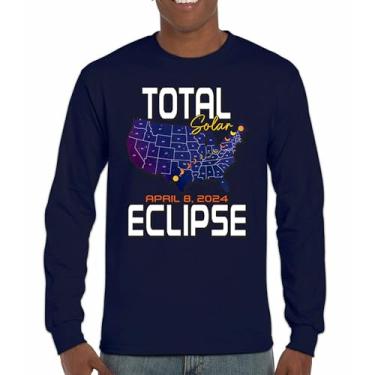 Imagem de Camiseta de manga comprida com mapa do eclipse solar total apenas com óculos de eclipse 8 de abril de 2024 festa astronomia sol lua, Azul marinho, XXG
