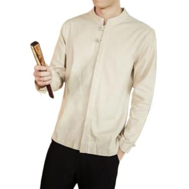 Imagem de Camisetas masculinas de manga comprida de linho primavera cor sólida casual manga longa algodão linho camiseta masculina, Cor creme, GG