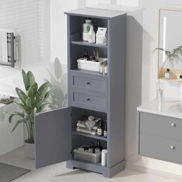Imagem de Armário de armazenamento de banheiro, armário de armazenamento alto com duas gavetas, armazenamento aberto, prateleira ajustável, cinza