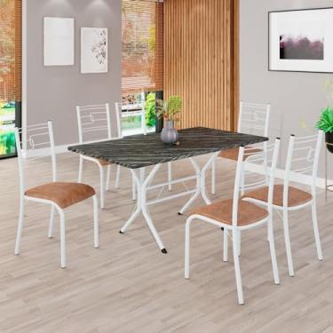 Imagem de Conjunto Sala de Jantar Mesa Retangular 140x75cm Tampo Pedra Ardósia Indiana 6 Cadeiras Paraty C. Marrom/Branco