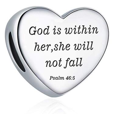 Imagem de Pingente de coração com pingente de Pandora Berloques Cristãos Verso da Bíblia Berloque de Oração Fé Religiosa Presentes para Mulheres, 15mm*15mm, Algodão