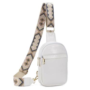 Imagem de KlaOYer Bolsas de couro para mulheres transversais pequenas pochete bolsas de peito com alça de guitarra para gril lady, Branco 7, Large