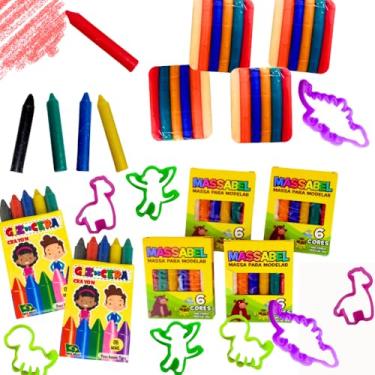 Imagem de Kit 40 (Massinha Modelar + Mini Giz de Cera 5 Cores + Cortadores Molde) Lembrancinha Infantil Sacolinha