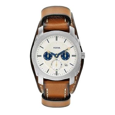 Imagem de Fossil Relógio masculino Machine com pulseira de aço inoxidável ou couro, cronógrafo ou mostrador analógico, Crono de punho prata/marrom, One Size, Máquina