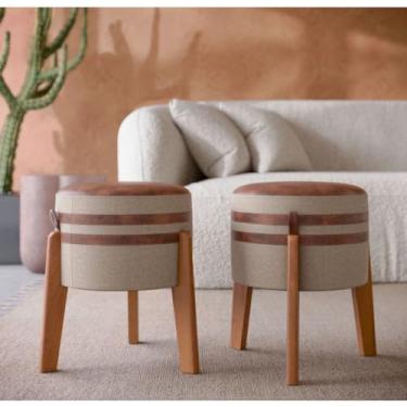 Imagem de Kit Conjunto Puf Bege em Linho e Couro 42x32 Decorativo Quarto Sala Puff Banqueta - Pix