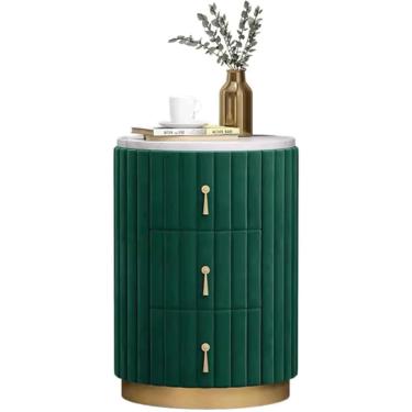 Imagem de Mesa de cabeceira redonda prática com tampo de mármore Mesa de cabeceira moderna Mesa lateral estofada de veludo Mesa de cabeceira nórdica com 3 gavetas Mesa de cabeceira, verde, 40X40X58cm