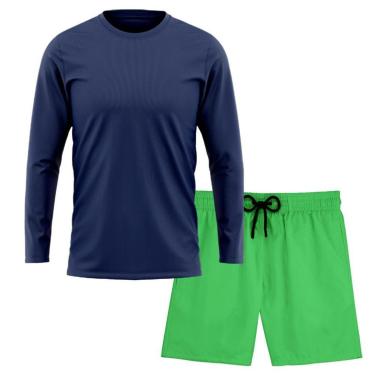 Imagem de Kit Short Praia Academia Passeio Treino Verde + Manga Longa Masculina Segunda Pele Dry-Masculino
