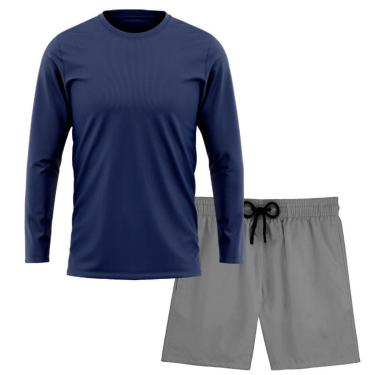Imagem de Kit Short Praia Academia Passeio Treino Cinza + Manga Longa Masculina Segunda Pele Dry-Masculino