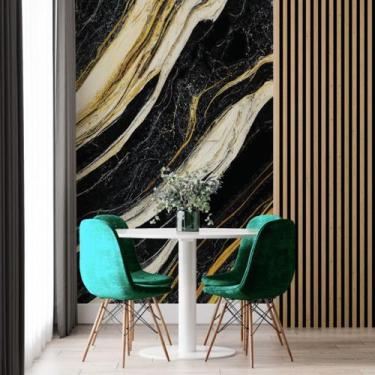 Imagem de Papel de Parede Painel 3D Mármore Preto Branco Dourado 2M Revestimento
