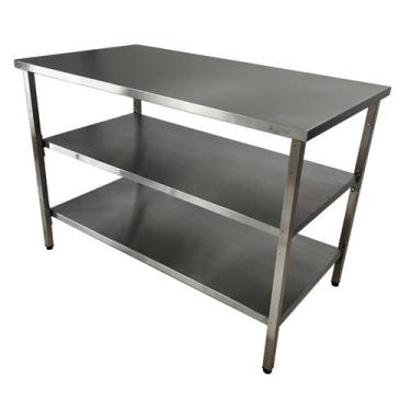 Imagem de Mesa de Aço Inox Industrial 120x70x90 cm com 2 Prateleiras Plano Liso 