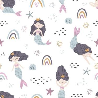 Imagem de Papel de Parede Adesivo Sereia Arco-íris Fundo do Mar Infantil Bebê Mo