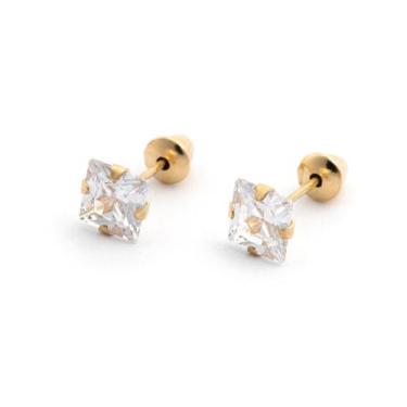 Imagem de Brinco Ouro 18K Pedra Quadrada Branca 4mm Infantil Bebê - AdriaJp Joia