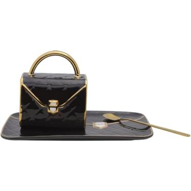 Imagem de Ynsfree Conjunto de canecas de café bolsa de cerâmica xícara de chá exclusivo em forma de saco de caneca e pires com colher e pires para mulheres presentes de Natal de Ação de Graças (preto)