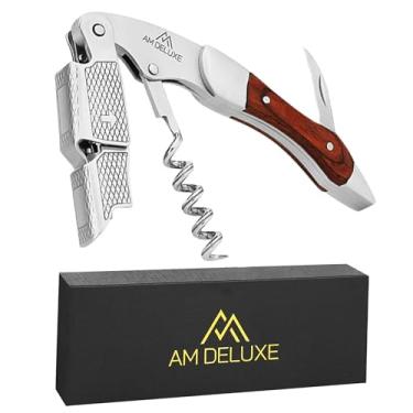 Imagem de Abridor de vinho saca-rolhas para garçons, chave de vinho AM DELUXE para garçons, sommeliers. Abridor de garrafas de vinho com parafuso de cortiça. Aço inoxidável e elegante incrustação de madeira