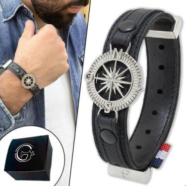 Imagem de Pulseira Bracelete Bússola Couro Legítimo Rosa dos Ventos Inox - GRANA