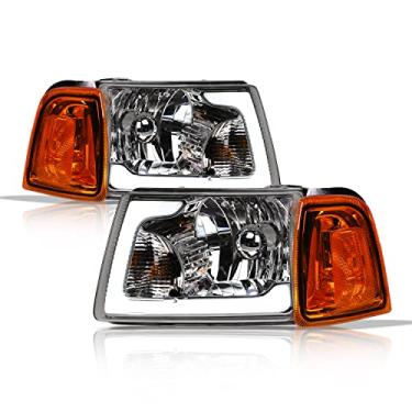Imagem de Alpha Owls 8719695 Faróis de cristal com luzes de canto de sinal e barra de luz LED branca 4 peças - âmbar cromado serve para Ford Ranger 2001-2011
