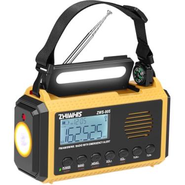 Imagem de ZHIWHIS Rádio de emergência com alertas automáticos NOAA, rádios meteorológicos AM FM SW de 10000 mAh, manivela/solar/banco elétrico/SOS/lanterna/lâmpada de leitura/temporizador receptor portátil com