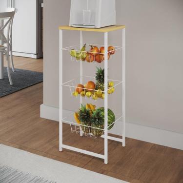 Imagem de Fruteira Montada Fixa Aço Branco Cesto Branco Tampo Canela - Veneza - 