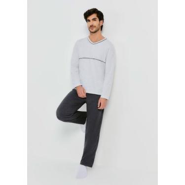 Imagem de Pijama Masculino Longo Com Decote V - Hering, M, Cinza mescla