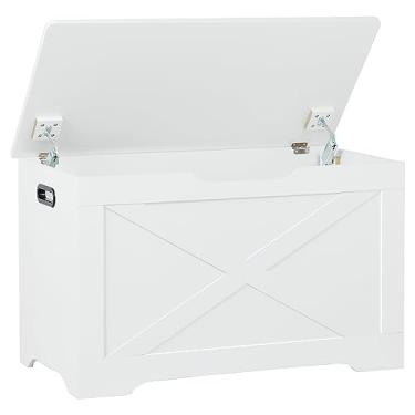 Imagem de Timberer Baú de armazenamento, banco de armazenamento de madeira, banco de sapatos de entrada com 2 dobradiças de segurança, porta-malas retrô para sala de estar, quarto, 40 x 80 x 40 cm, branco