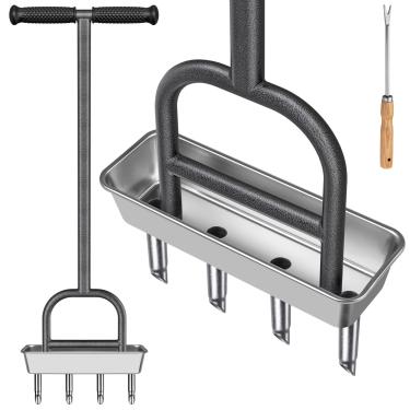 Imagem de Dolibest Aerador de núcleo de gramado, ferramenta manual de aeração de grama com bandeja de armazenamento de núcleo de solo de aço inoxidável, 4 ferramentas aeradoras de aço inoxidável, ferramenta de