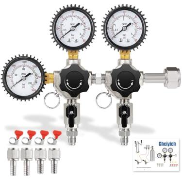Imagem de Regulador de CO2 de calibre duplo Kegerator Regulador de cerveja com 2 porcas giratórias Barb CGA-320 Regulador de barril de cerveja Regulador de barril de cerveja Regulador de CO2 para peças de