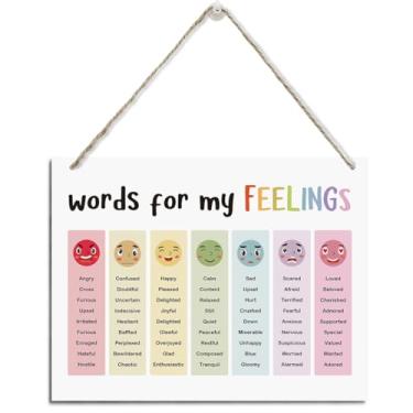 Imagem de Sinal de palavras de sentimento, sinal inclinado de emoções, placa de madeira rústica pendurada, decoração de parede educativa, decoração de canto calmante, decoração de sentimentos, decoração de
