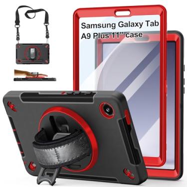 Imagem de Capa para Galaxy Tab A9 Plus 5G 2023: capa de TPU resistente para tablet Samsung A9+ 11 polegadas com suporte - alça - alça de ombro - suporte para S-Pen - vermelho preto