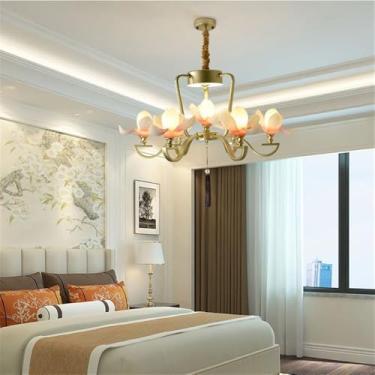 Imagem de OUFULA Luminária pendente de lótus contemporânea chinesa retrô criatividade sala de estar restaurante quarto villa hotel balcão decoração led lustre (E Gold 6 lights)