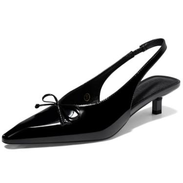 Imagem de Coutgo Sapato social feminino Slingback Kitten de salto baixo fechado bico fino gravata borboleta sem cadarço para trabalho de escritório, Preto, 37