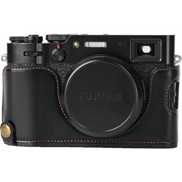 Imagem de Capa X100, capa BMAOLLONGB feita à mão de couro PU meia câmera versão abertura inferior para Fujifilm X100 com alça de mão (preto)