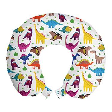 Imagem de Ambesonne Descanso, almofada de viagem com desenho animado, divertido dinossauros e dragões padrão de répteis jurássicos coloridos, acessório de viagem com espuma de memória para avião e carro, 30,48 cm, branco multicolorido