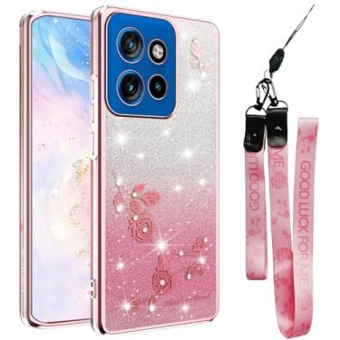 Imagem de Fofvccv Capa para Motorola Moto Edge 50 Neo 5G com glitter transparente com cordão transversal, flores brilhantes com revestimento floral com alça de ombro para Moto Edge 50 Neo/Moto S50 YSS rosa