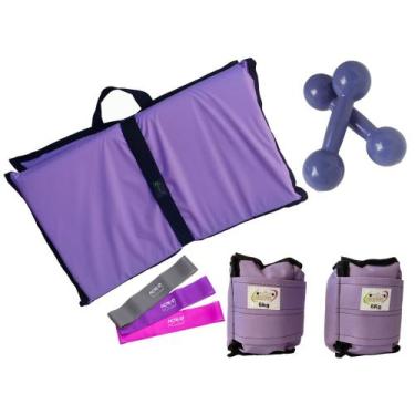 Imagem de Kit Tornozeleira 6KG Nylon Lilás + Halteres 6KG Lilás + Colchonete Dob