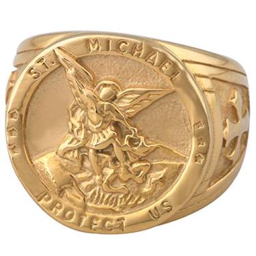 Imagem de Anel de cruz Dacai dourado e prateado com santos Michael The Arcanjo ST. Medalha de aço inoxidável com proteção de amuleto masculino e feminino