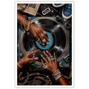 Imagem de ZHGYGBN Arte de parede DJ Hands & Vinyl Record - Impressão em tela abstrata estilo urbano com detalhes de joias, decoração de sala de música, sem moldura 40,6 x 61 cm