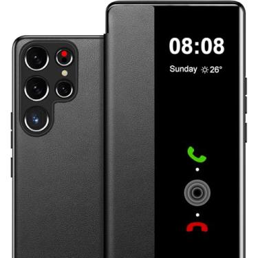 Imagem de Capa para Samsung Galaxy S21 Ultra Flip de couro transparente S-View, para Samsung S21 Ultra, capa protetora de janela inteligente, capa protetora à prova de choque para Samsung 5G S21 Ultra, visão
