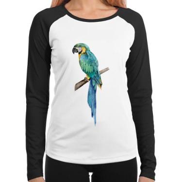 Imagem de Baby Look Raglan Arara Azul Manga Longa - Foca na Moda, Branco, Preto,