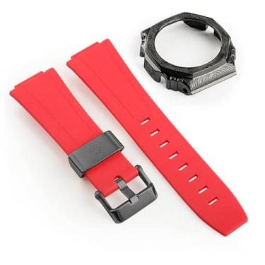 Imagem de JDIME Capa de relógio de aço inoxidável esculpida com pulseira de borracha de terceira geração para GA2100 retrofit e upgrade DIY (vermelho preto)