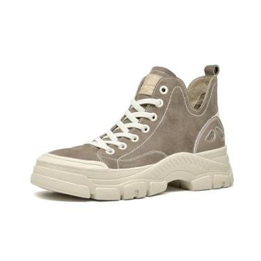 Imagem de BEAU TODAY Tênis feminino de cano alto de couro, plataforma, tênis, botas, grosso, moderno, com cadarço, clássico, confortável, para caminhar, casual, Caqui, 36